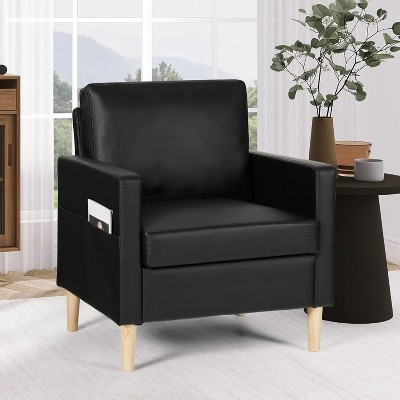 TYBOATLE Faux Leather Accent Chair, Mid-Century Upholstered Reading Armchair with Pockets (Black)