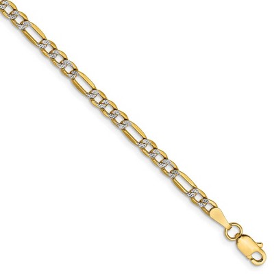 Black Bow Jewelry 3.25mm 14k Yellow Gold & Rhodium Hollow Pave Figaro Chain Bracelet