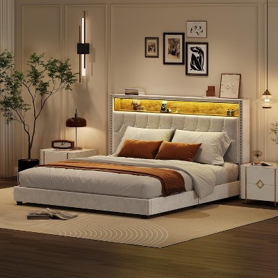 Full Bed Frame with Headboard and LED Lights, Upholstered Platform Bedframe with Charging Station, No Box Spring Needed, Easy Assembly, Beige