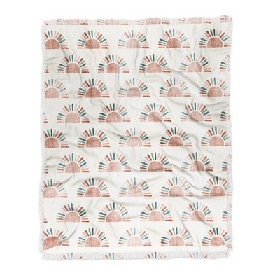 Little Arrow Design Co Block Print Suns Jade And Dusty Rose Woven Throw Blanket - Deny Designs