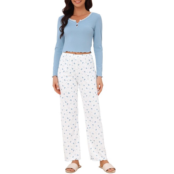 Conjunto de pijama de 2 piezas para mujer INSPIRE CHIC con blusa de manga larga con encaje, estampado de corona y pantalones acanalados