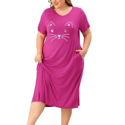 Agnes Orinda Women's Plus Size Soft Knit Cute Cat Print Short Sleeve Split Hem Pockets Midi Sleep Shirts Nightgowns