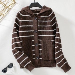 Women's Striped Hooded Cardigan Casual Long Sleeve Button Open Front Knit Sweater Brown S - 1 of 3