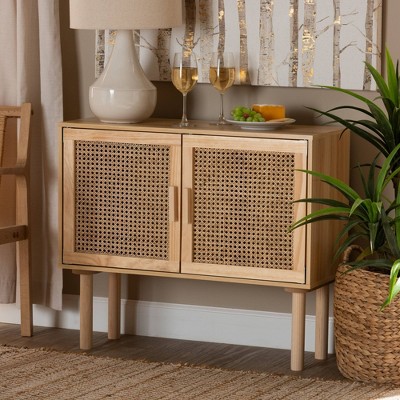 Maclean Mid-Century Modern Natural Rattan and Wood 2-Door Sideboard