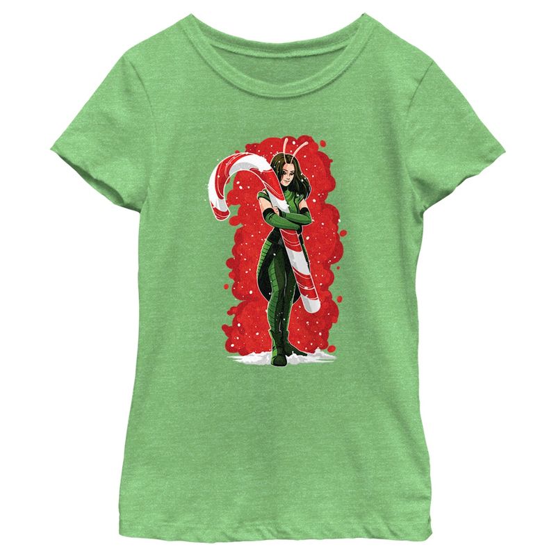 Girl's Guardians of the Galaxy Holiday Special Mantis Candy Cane Hug T-Shirt, 1 of 5