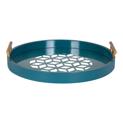 Teal Round Glass Tray with Gold Handles