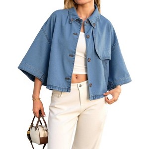 Imily Bela Womens Cropped Denim Jackets Casual Button Down Jean Shirt Shacket Loose 3/4 Sleeve Coat with Pockets - 1 of 4