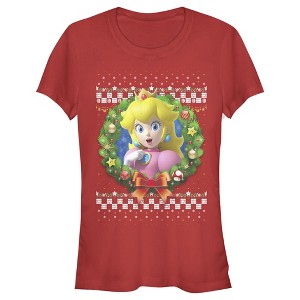 Juniors Womens Nintendo Christmas Peach Wreath T-Shirt - 1 of 3