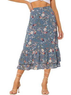 INSPIRE CHIC Women's Chiffon Elastic Waist Ruffle Tiered Flowy Midi Floral Printed Skirts