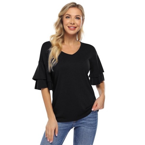 Women's Ruffle Tunic Top Casual V Neck Shirt Bell Half Sleeve Pullover Blouse Top - image 1 of 4