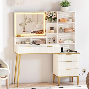 GustoWave Fluted Vanity Desk with Mirror and Lights, Makeup Vanity Desk with 5 Drawers,3 Color Adjustable Lighting, Power Outlet, Dressing Table - 1 of 4