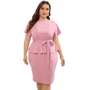 YESFASHION Women Plus Size Bodycon Elegant Midi Dress Peplum Business Work Office Sheath Pencil Cocktail Party Dress with Belt - 1 of 4
