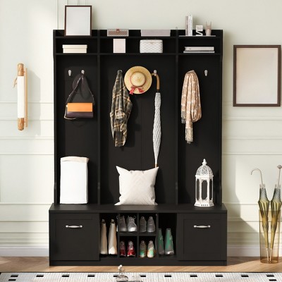Entryway Hall Tree With Shoe Bench, Entryway Bench with Coat Rack, 58.8'' Wide Coat Rack Storage Shelf for Small Spaces Living Room Hallway