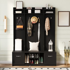 Entryway Hall Tree With Shoe Bench, Entryway Bench with Coat Rack, 58.8'' Wide Coat Rack Storage Shelf for Small Spaces Living Room Hallway - 1 of 4