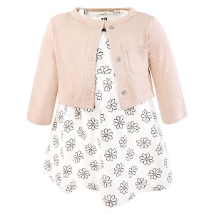 Hudson Baby Infant and Toddler Girls Cotton Dress and Cardigan Set, Neutral Daisy - 1 of 4