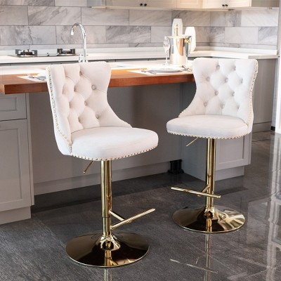 Velvet Swivel Bar Stools Set Of 2, Adjustable Bar Stools Counter-to-Bar Height Stools with Nailhead Trim, Tufted Back, Gold Legs-Maison Boucle