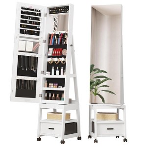 White 360°Swivel Jewelry Armoire, Floor Standing Locking with Full Length Mirror,Bottom Drawer, Shelf, Wheels,White Cabinet with Storage Capacity Bo - 1 of 4