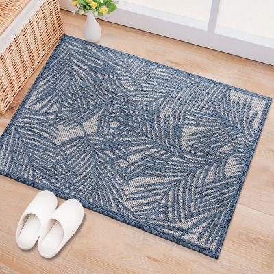 Blue Palm Leaf Flat Woven Synthetic Indoor/Outdoor Rug 2'x3'