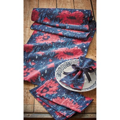 TAG Weekend Dahlia Bright Red Floral All Over Print on Blue Background Cotton Machine Washable Table Runner Décor Decoration, 72" x 14.5"-in.