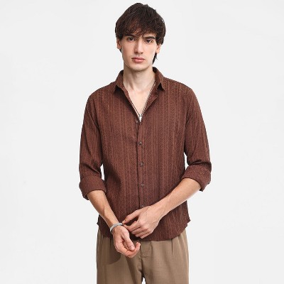 Campus Sutra Men Men's Chocolate Brown Geometric-Textured Knit Shirt