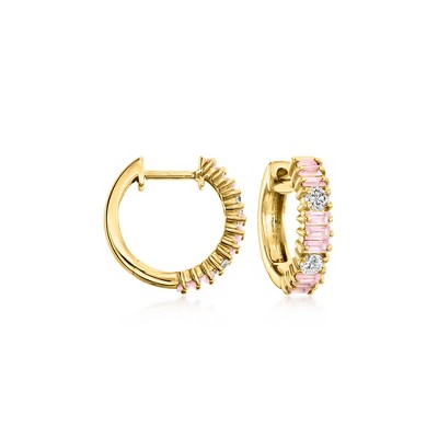 Ross-Simons 0.70 ct. t.w. Pink Sapphire and .27 ct. t.w. Diamond Hoop Earrings in 14kt Yellow Gold