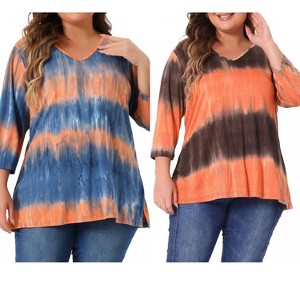 Women's Plus Size 2 Pieces Tie Dye Side Slit 3/4 Sleeve V Neck Casual Stripe Blouse - Agnes Orinda - 1 of 4