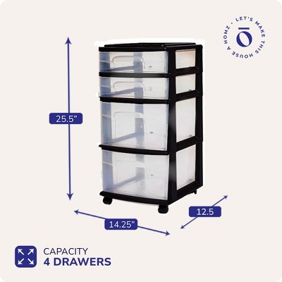 Medium Black and Clear Plastic 4-Drawer Storage Cart with Wheels