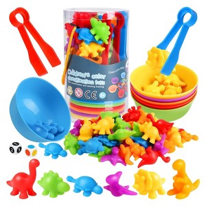 Etokfoks 57 Piece Counting Dinosaur Toy Set with 48 Dinosaurs 6 Sorting Bowls 2 Tweezers for Preschool Math and Color Learning - 1 of 4