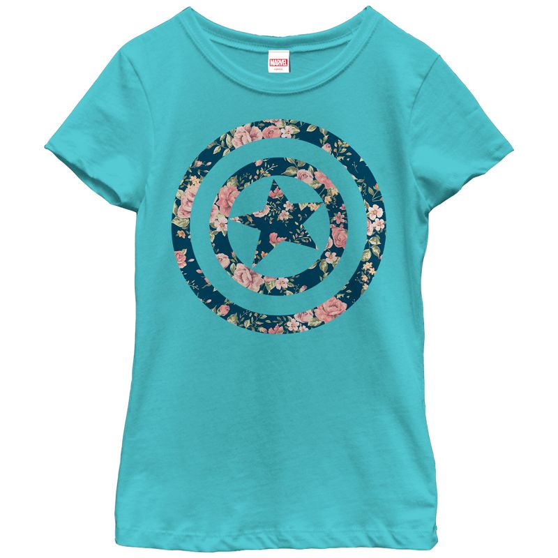 Girl's Marvel Captain America Floral Print T-Shirt, 1 of 4
