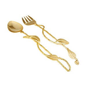 Classic Touch Set Of 2 Gold Salad Servers With Leaf Design - 1 of 3