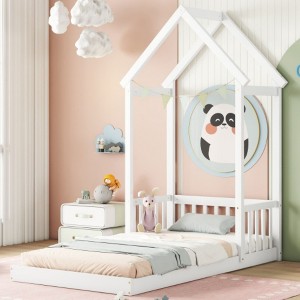 Sturdy Twin-Size Floor Bed featuring a House-Shaped Headboard and Roof, Constructed for Enduring Quality - 1 of 4