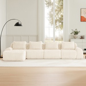 146" L-Shaped Modular Sofa Flannelette 4-Seater Ottoman Buckle No Assembly Cream - 1 of 4