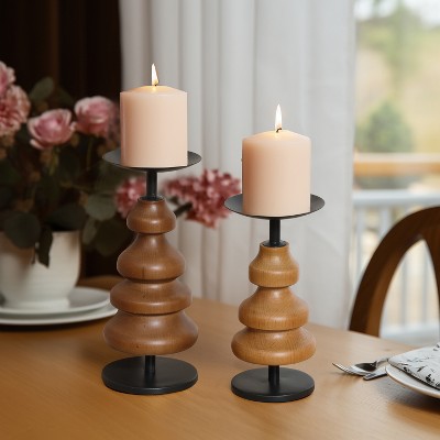 Birch Wood and Black Iron Pillar Candle Holder Set