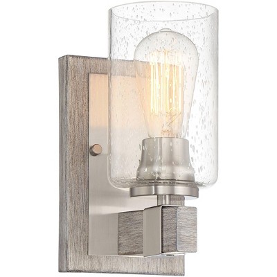 Franklin Iron Works Rustic Farmhouse Wall Light Sconce Gray Wood Grain Brushed Nickel 9" High Fixture Seedy Glass Bathroom Hallway