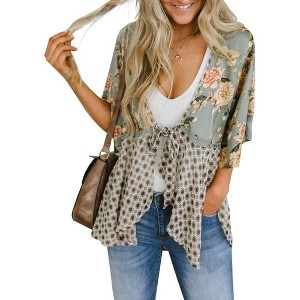 Imily Bela Women Floral with Ruffle Sleeves Loose Fit Lightweight Cover Up - 1 of 4