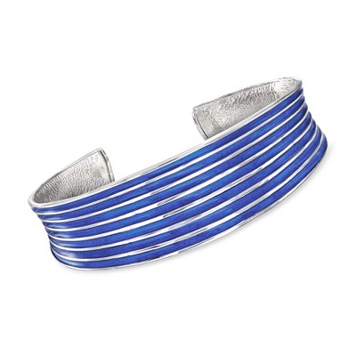 Ross-Simons Italian Blue Enamel Striped Cuff Bracelet in Sterling Silver Size 7