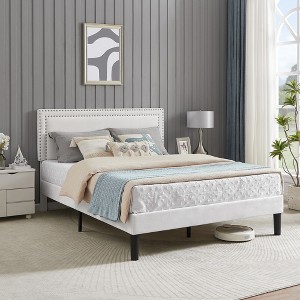 VECELO Velvet Upholstered Platform Bed Frame with Adjustable Headboard, Sturdy Wood Slats & Metal Support, No Box Spring Needed, Twin/Full/Queen Size - 1 of 4