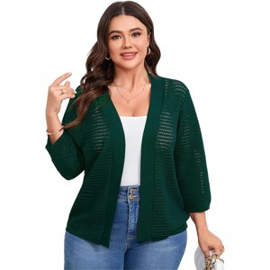 Clearlove Women's Plus Size 3/4 Sleeve Lightweight Knit Cardigan Open Front Lacy Summer Cover-Up Casual Boho Beach Wrap - 1 of 4