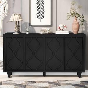 Buffet Cabinet With Storage, Wood Accent Sideboard With 4 Water Wave Pattern Design Doors, Kitchen Buffet Storage Cabinet Console Cabinet, Black - 1 of 4