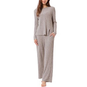 INSPIRE CHIC Women's Crewneck Split Hem Soft Long Sleeve with Pocket Knit Pajamas Set - 1 of 4