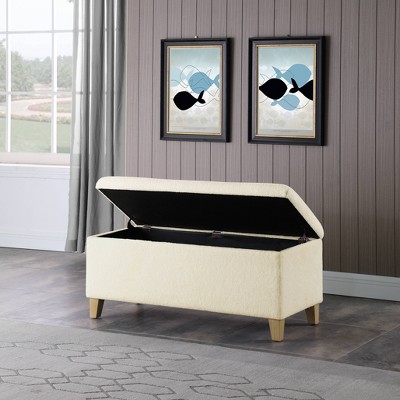 Cream Faux Shearling Storage Bench with Natural Wood Legs