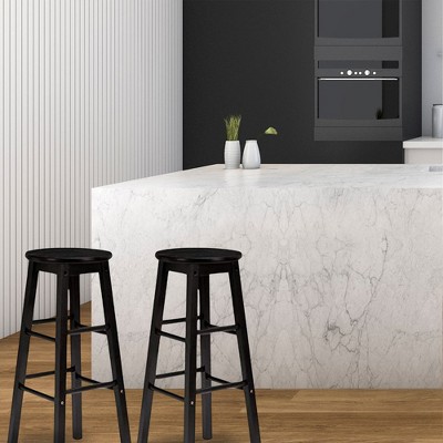 Classic Black Solid Wood 24" Round-Seat Kitchen Counter Stools, Set of 2