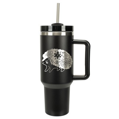 Elanze Designs 40 Ounce Travel Tumbler With Straw and Lid Stainless Steel Double Wall Insulated Woodland Floral Hedgehog Black