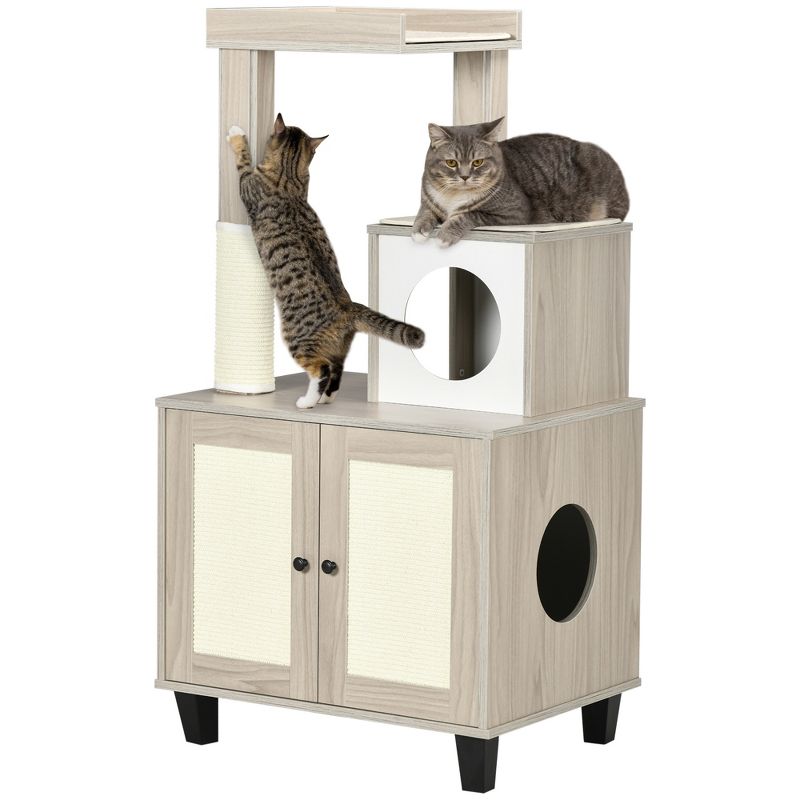 PawHut Cat Litter Box Enclosure Furniture with Cat Tree, Hidden Litter Box with Scratching Post, Bed, Modern Cat House Indoor, Gray, 1 of 7
