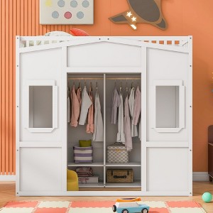NicBex Twin Size Loft Bed Classic House Shape Pine Bunk Bed Frame with Wardrobe, Windows, Ladder and Guardrail, No Box Spring Required - 1 of 4