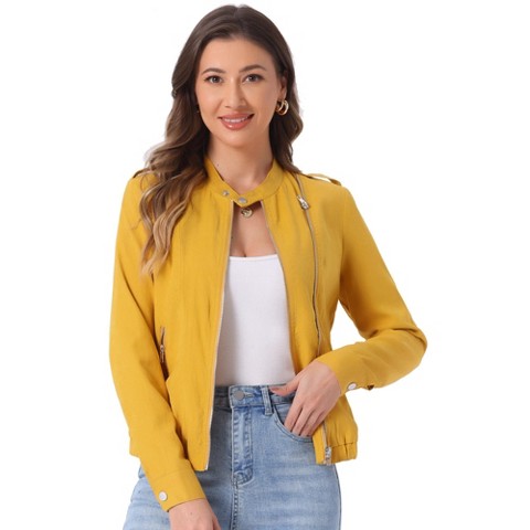 INSPIRE CHIC Women's Stand Collar Zip Up Biker Lightweight Moto Jacket Small Yellow