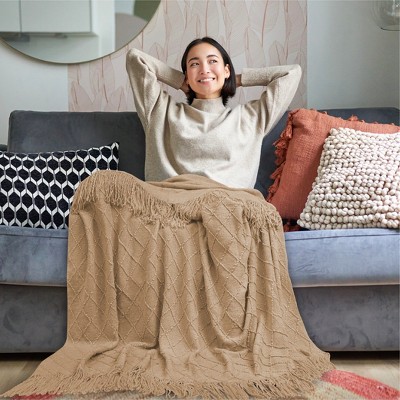Tan Taupe Knit Fleece Reversible Throw Blanket with Fringe
