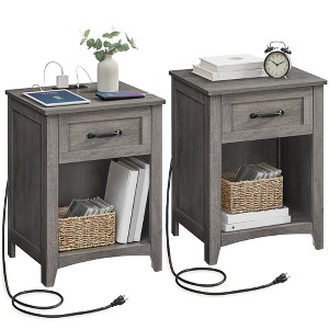 LIRY 2-Piece Farmhouse Nightstand Set with USB Charging Station, Drawer & Open Shelf, Bedside Table for Home Decor, Misty Gray - 1 of 4