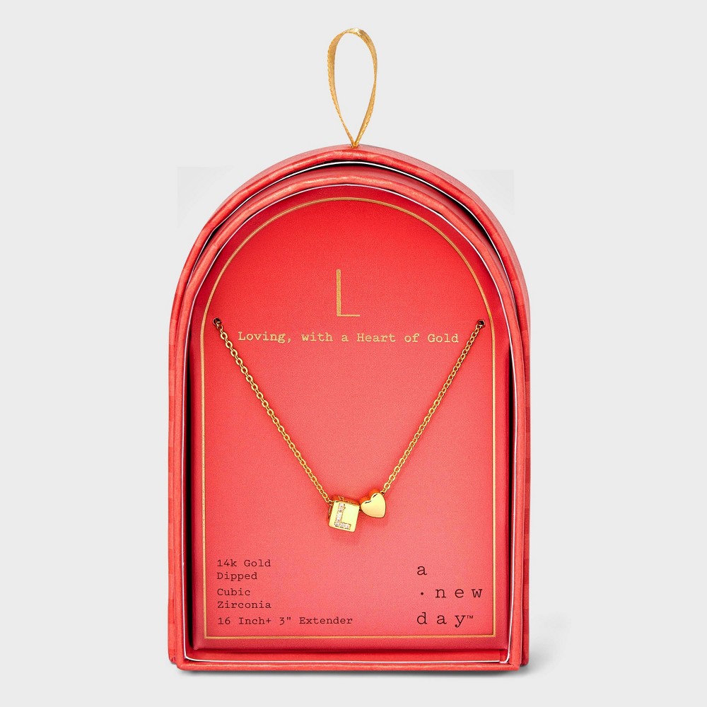 14K Gold Dipped Slider Heart and Initial Cube L Pendant Necklace - A New Day™ Gold