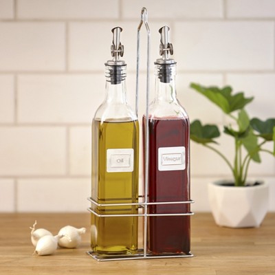 Lakeside Oil and Vinegar Caddy Cruet Bottle Set with Metal Pour Spout - 3 Pieces